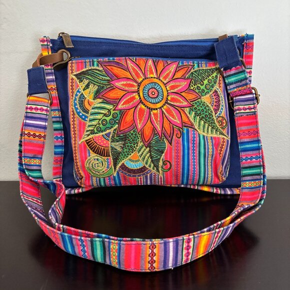 Laurel Burch Fleur Del Sol Colorful Blue Pink Florals Canvas Crossbody - Picture 1 of 12